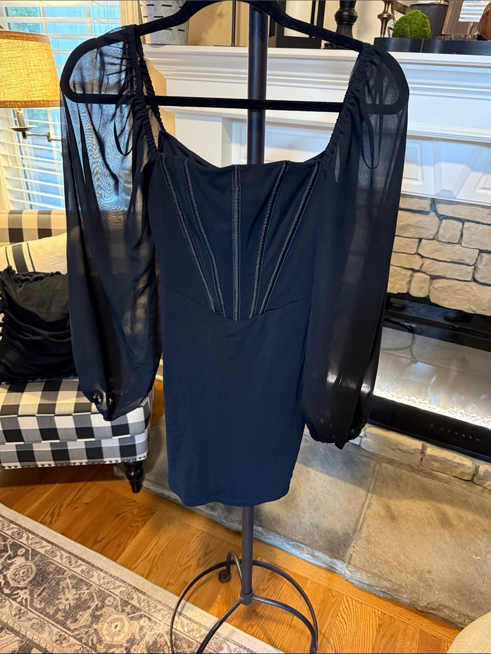 Hello Molly Black Sheer-Sleeve Mini Dress
